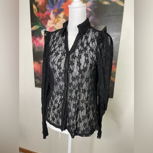 Amber Skies New Womens small Black Lace Sheer Blouse Dark Whimsigoth Witch - Picture 1 of 9